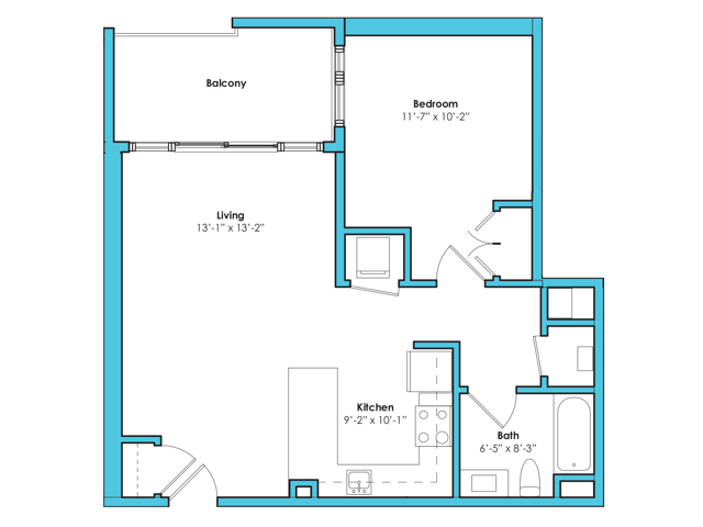 Floor plan layout diagram for One Bedroom One Bath (709 SF)