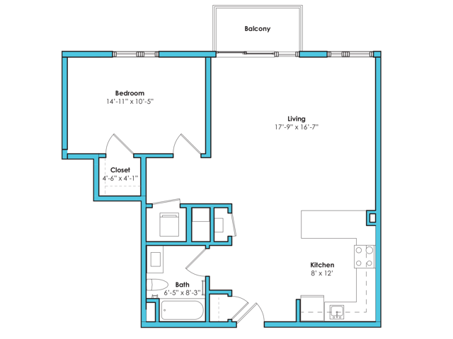 Floor plan layout diagram for One Bedroom One Bath (847 SF)