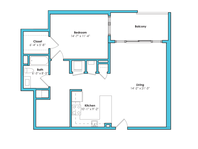 Floor plan layout diagram for One Bedroom One Bath Den (915 SF)