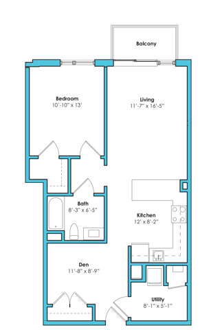 Floor plan layout diagram for One Bedroom One Bath Den(844 SF)