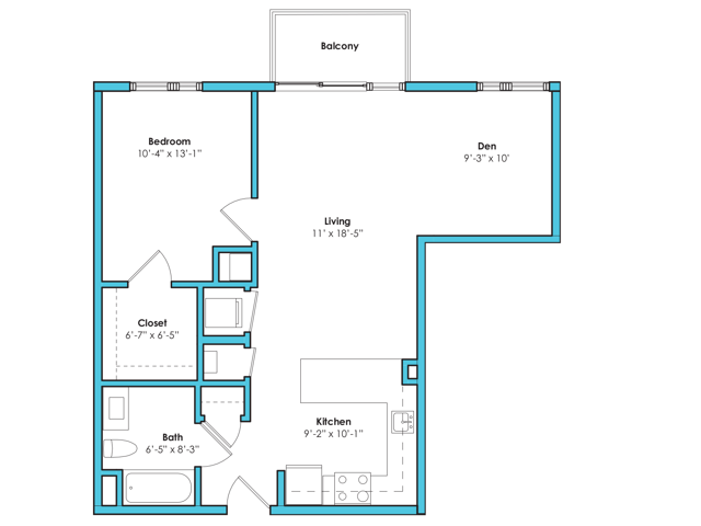 Floor plan layout diagram for One Bedroom One Bath Den(739 SF)