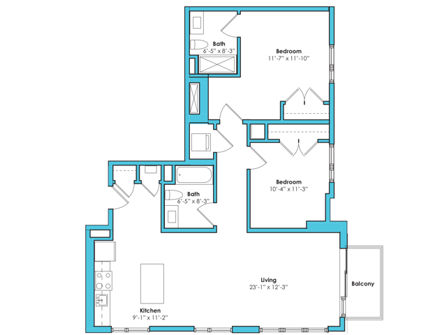 Floor plan layout diagram for Two Bedroom Two Bath (1036 SF)