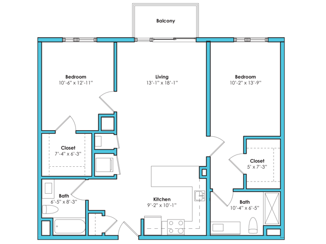 Floor plan layout diagram for Two Bedroom Two Bath (1041 SF)