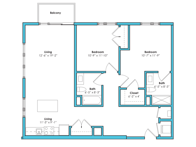 Floor plan layout diagram for Two Bedroom Two Bath (1090 SF)