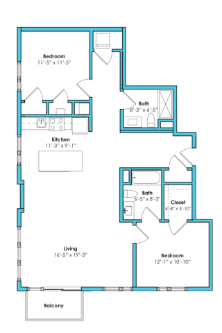 Floor plan layout diagram for Two Bedroom Two Bath (1140 SF)