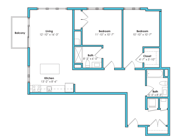 Floor plan layout diagram for Two Bedroom Two Bath (1178 SF)