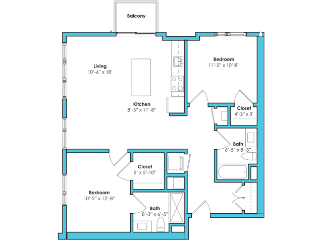 Floor plan layout diagram for Two Bedroom Two Bath (982 SF)