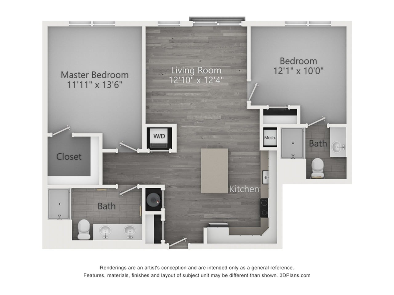 Floor plan layout diagram for Two Bedroom Two Bathroom (1019 SF)