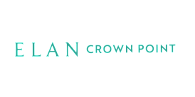 Elegant ELAN Crown Point logo in a refreshing teal color, symbolizing modern luxury apartments.