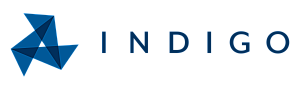 Modern logo design featuring a geometric dark blue origami shape adjacent to the 'INDIGO' brand name in bold, sleek font.