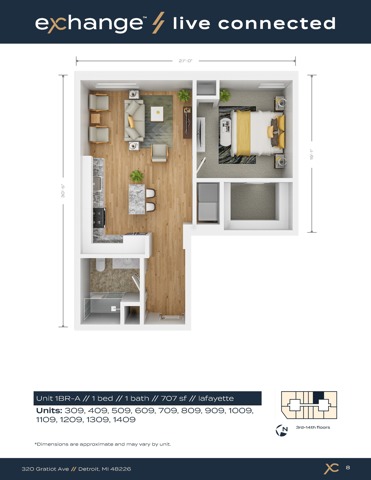 1 Bedroom A - 707sq.ft.