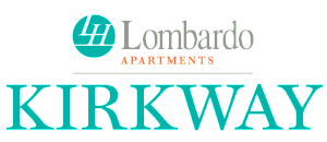 Elegant Lombardo Apartments logo featuring bold teal and orange lettering with a modern, appealing design for Kirkwey.