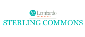 Elegant Sterling Commons logo with Lombardo Apartments branding in teal and orange.
