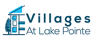 Charming logo for Villages At Lake Pointe featuring a modern apartment design and pine tree silhouette.