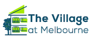 Modern logo for The Village at Melbourne featuring a stylized building, emphasizing community and contemporary living.