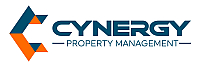 Modern Cynergy Property Management logo with sleek orange and blue geometric design elements.