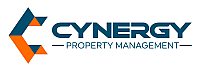 Modern logo for Cynergy Property Management featuring geometric shapes in blue and orange.
