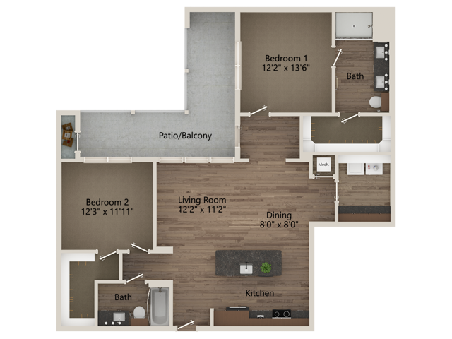 B4A 2 Bedroom 2 Bathroom 1248 sq ft
