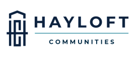 Elegant logo for Hayloft Communities featuring a modern building icon with bold typography.