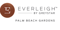 Elegant Everleigh by Greystar logo with a rich, earthy circle and stylized 'E' design, set above the text 'Palm Beach Gardens'.