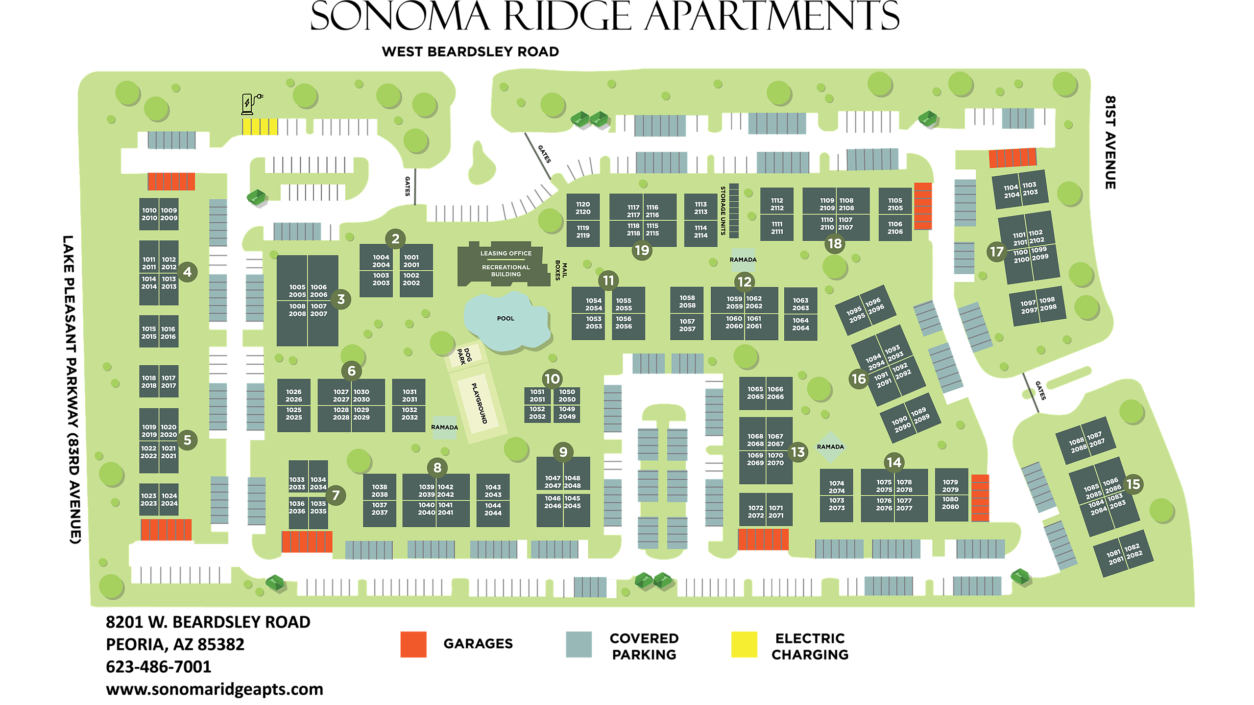 Vibrant apartment complex map showcasing diverse amenities including a pool, playground, and ample parking surrounded by lush greenery.
