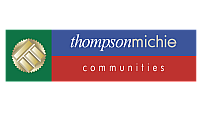 Elegant logo design with bold colors representing Thompson Michie Communities, featuring a sophisticated gold emblem.