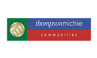 Vibrant logo featuring a gold emblem on a green background, with elegant typography displaying 'thompson michie communities' in stylish blue and red stripes.