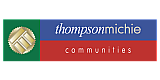 Elegant logo design for Thompson Michie Communities featuring a gold geometric emblem with bold color blocks.