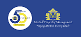 Celebratory logo for United Property Management's 50th anniversary, featuring a bold blue and gold design with the motto 'Paying attention to every detail.'