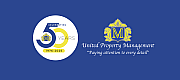 Celebratory 50th-anniversary logo for United Property Management, highlighting dedication with the motto 'Paying attention to every detail', set against a vibrant blue background.