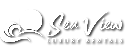 Elegant logo of Sea View Luxury Rentals featuring a stylized wave and sun design, highlighting premium seafront accommodations.