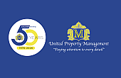 Elegant 50th anniversary logo for United Property Management with a stylish blue and yellow design, emphasizing detailed focus.
