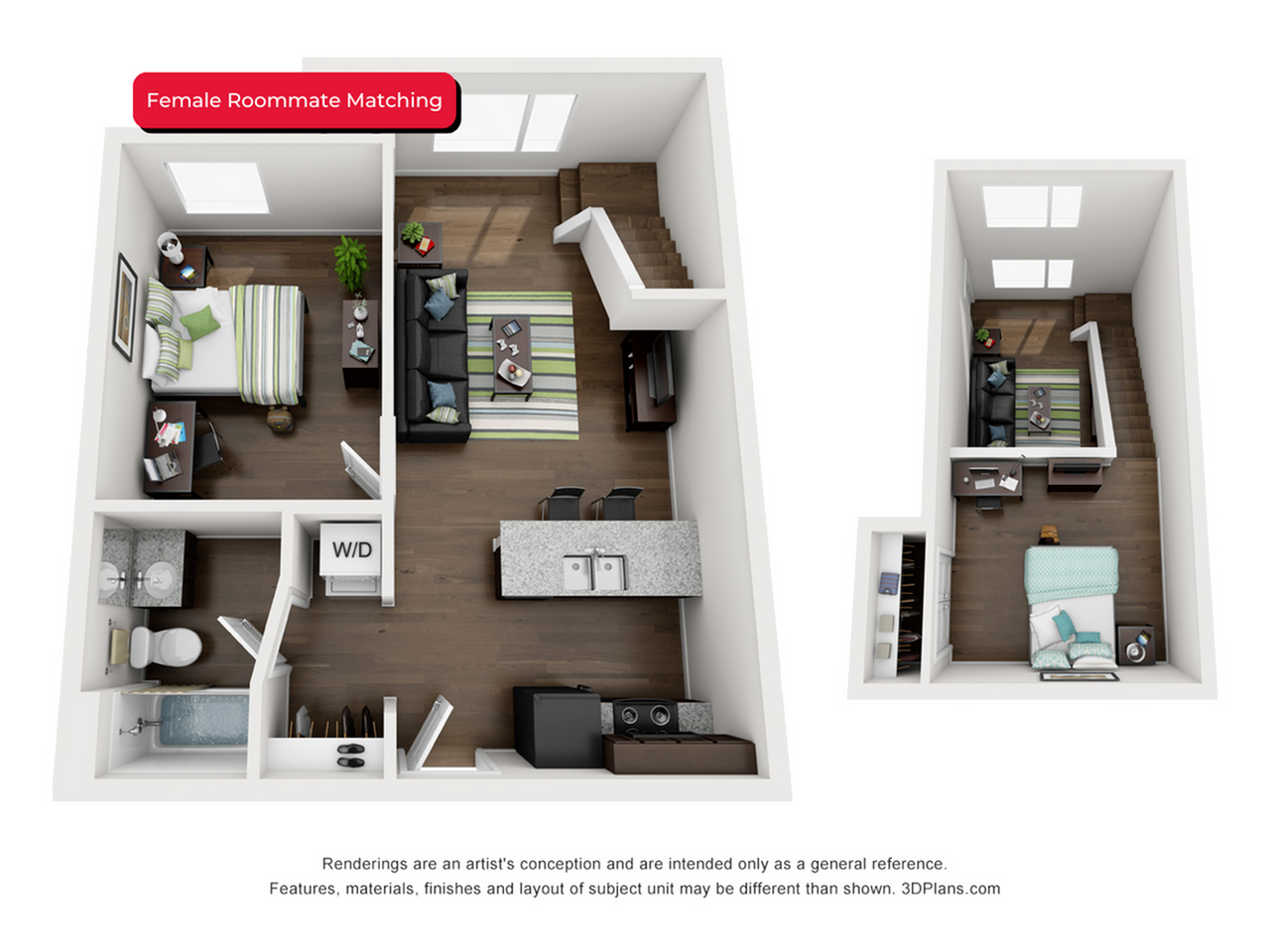 prime place lincoln, 2 bedroom lofted unit floorplan female roommate matching