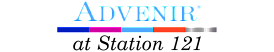 Advenir at Station 121 modern logo design with bold typography and colorful bars.