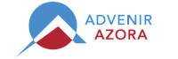Advenir Azora logo featuring a dynamic combination of geometric shapes in blue and red with modern typography.