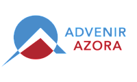 Vibrant and modern Advenir Azora logo with sleek geometric design and bold red and blue colors.