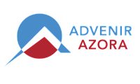Modern logo design for Advenir Azora featuring a sleek blue and red geometric symbol.
