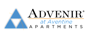 Advenir at Aventine Apartments logo with a blue geometric design and elegant typography.