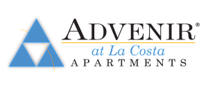 Advenir at La Costa Apartments logo showcasing a modern triangular design with blue and black accents.
