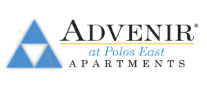 Advenir at Polos East Apartments logo featuring a stylized blue triangle with a modern design.