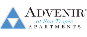 Advenir at San Tropez Apartments logo featuring a modern triangular design with blue accents.
