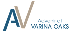Modern logo design for Advenir at Varina Oaks, showcasing sleek typography in blue and beige tones.