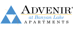 Advenir at Banyan Lake Apartments logo with a distinctive blue triangle design.