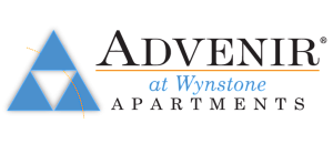 Advenir at Wynstone Apartments logo featuring a modern blue and black geometric design, representing stylish urban living.