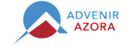 Modern logo with a stylized circle and triangle design, featuring blue and red elements with the text 'ADVENIR AZORA' in bold letters.