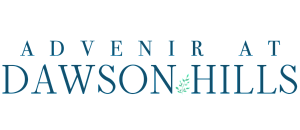 Elegant logo for Advenir at Dawson Hills featuring sophisticated typography and a leafy accent.