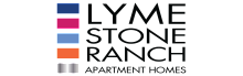 Lyme Stone Ranch Apartment Homes logo with vibrant blue, pink, orange, and silver stripes, showcasing modern and welcoming design.