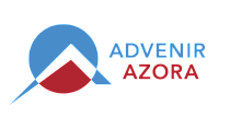 Modern logo design featuring a dynamic geometric pattern in blue and red, accentuated by the bold text 'Advenir Azora.'