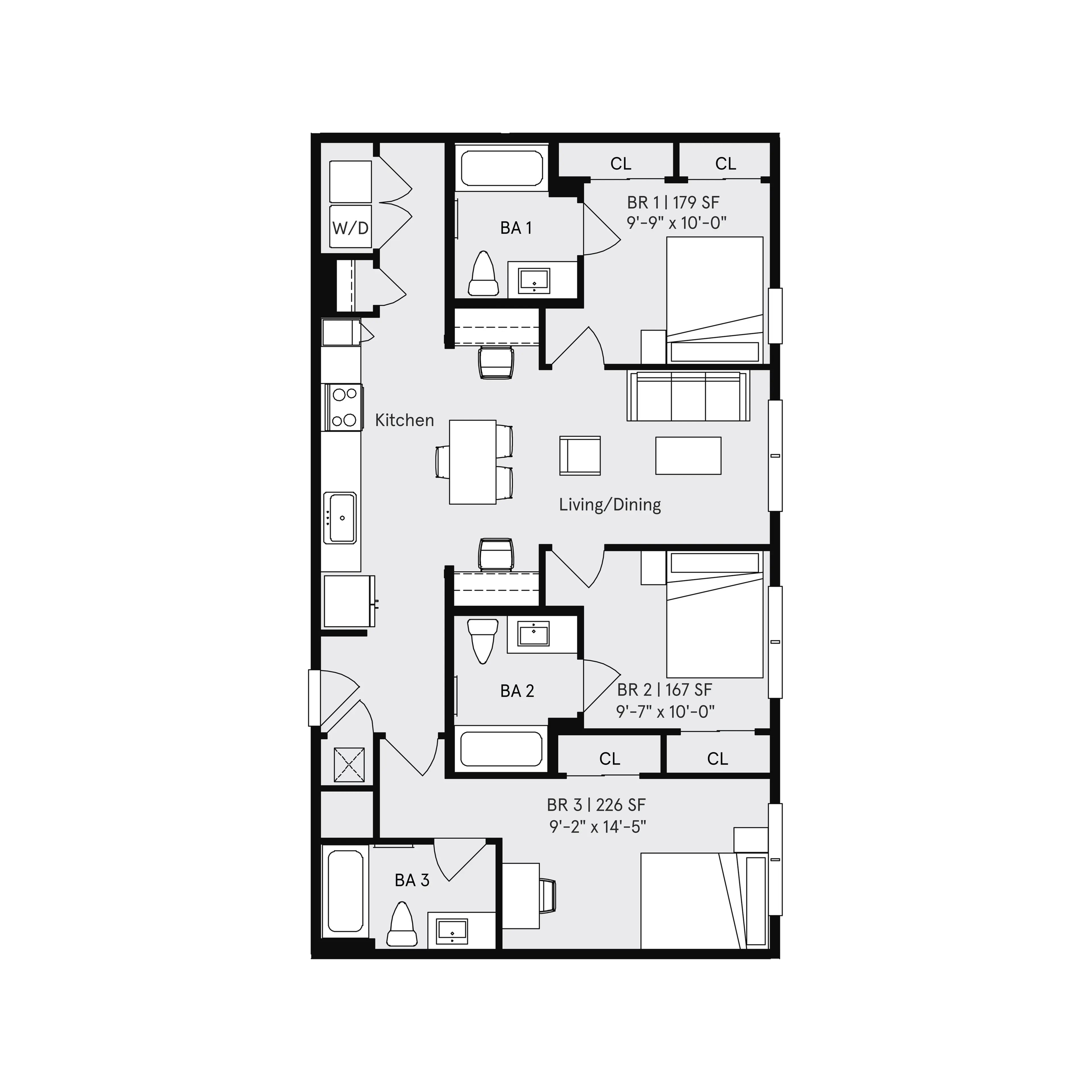 Private Bedroom in a 3x3B_floor_plan