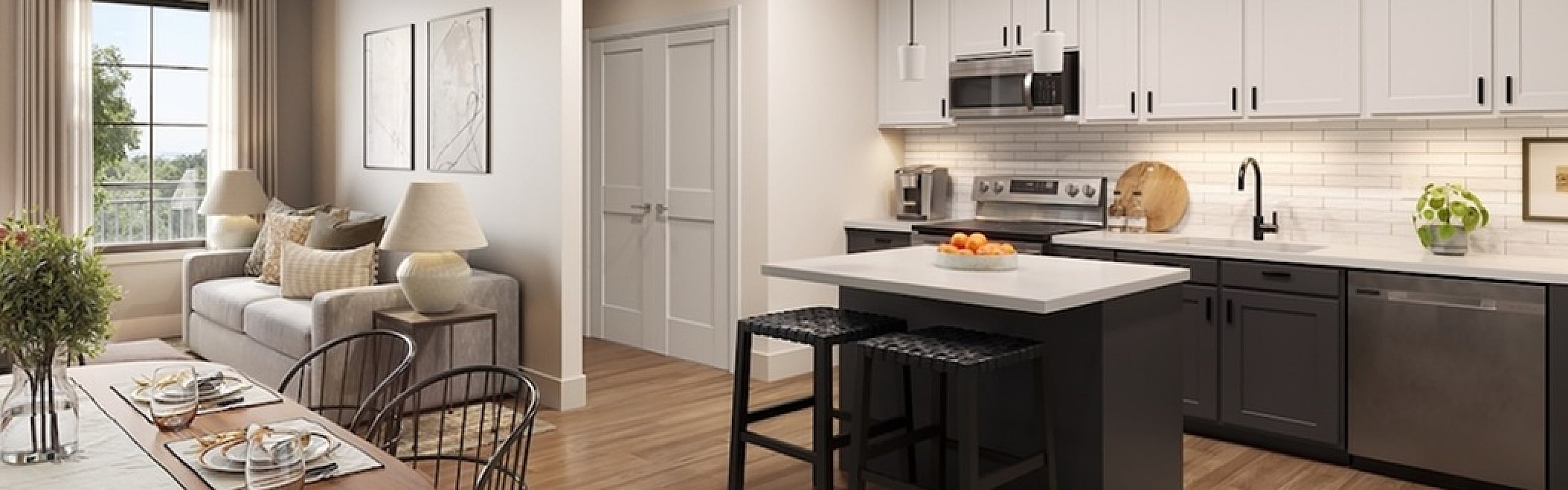 Contemporary living and dining area with modern kitchen, featuring stylish decor and natural lighting.